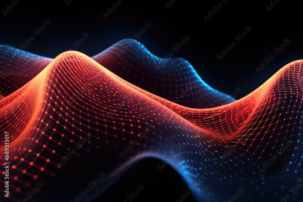 Poster A computer-generated image featuring a dynamic wave composed of lines and dots. This visually striking artwork can be used in various design projects to add a modern and futuristic touch