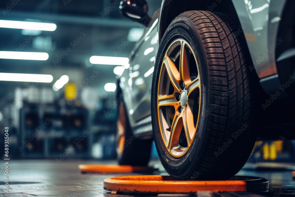 Poster close up of a tire on a stand in a garage. suitable for automotive and maintenance concepts
