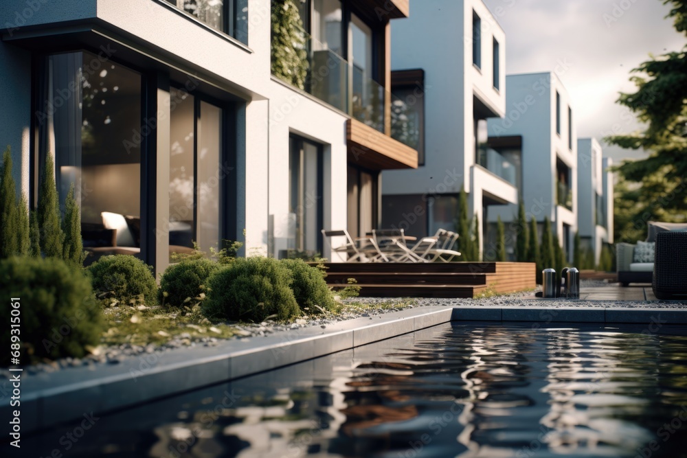 Aufkleber A building with a pool in front of it. Perfect for real estate and architecture themes