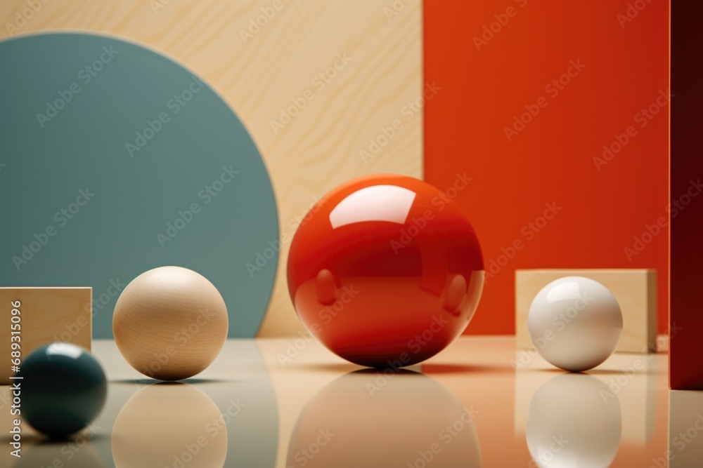 Poster A group of balls and wooden blocks arranged on a table. This versatile image can be used for various purposes