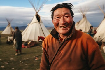 AI-generated illustration of a cheerful Mongolian man in front of teepees
