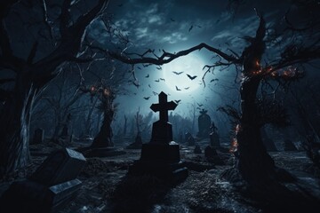 A spooky cemetery illuminated by the light of a full moon. Perfect for Halloween-themed projects or eerie atmospheres