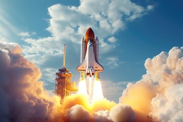 A powerful space shuttle taking off into the sky. Perfect for illustrating space exploration and scientific advancements