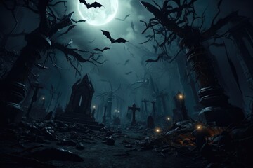 A spooky graveyard scene with bats flying in the sky. Perfect for Halloween-themed designs or horror-related projects