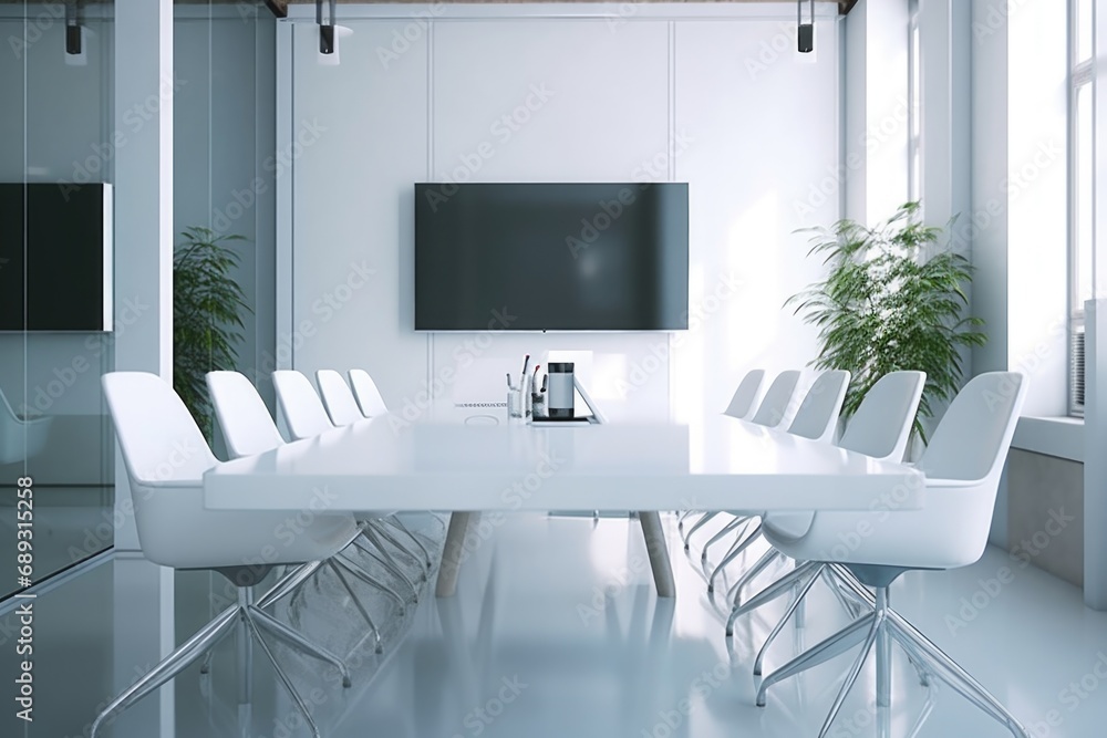 Poster a large white table with white chairs and a flat screen tv. ideal for home or office spaces