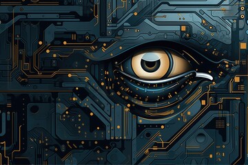 Close up of a computer circuit with an eye. Suitable for technology and artificial intelligence concepts - obrazy, fototapety, plakaty
