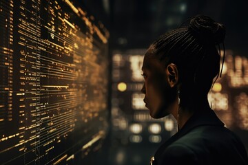 A woman standing in front of a wall covered in lines of code. This image can be used to represent technology, coding, programming, cybersecurity, or futuristic concepts