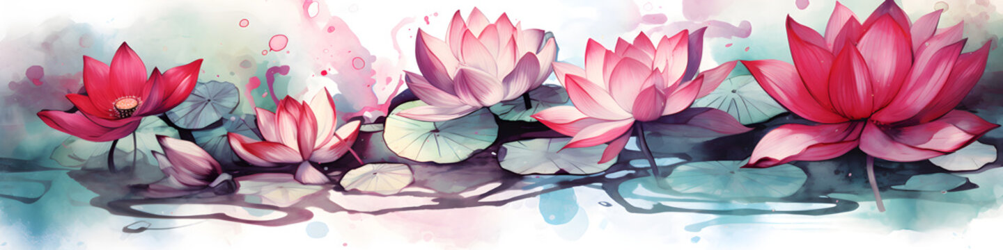 ink and water sketch of lotus flowers background banner