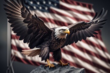 Obraz premium american bald eagle with flag usa created with generative AI software