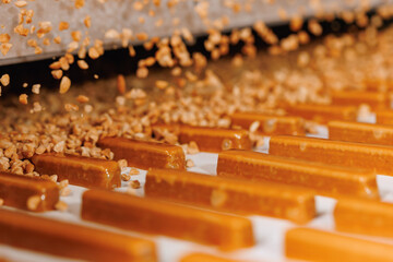 Food industry, wafer production line of modern sweet candy bakery factory. Nuts pour onto waffles...