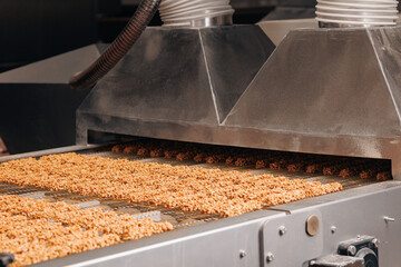 Process white milk chocolate on waffles with nuts on conveyor. Food industry Production line of...