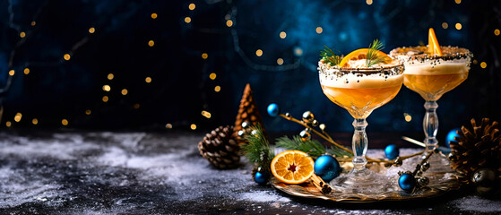 Christmas festive cocktail with orange in a retro glass on a dark blue background, web banner with copy space for text