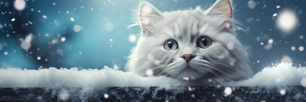 Cute Happy Beautiful Christmas Winter Cat Background - Animal Christmas Wallpaper with Empty Copy Space - Snowy Bokeh Snowflake Cat Backdrop created with Generative AI Technology