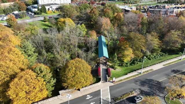 Drone footage over the Macs Brook on a sunny day in Bridgewater township, New Jersey, USA