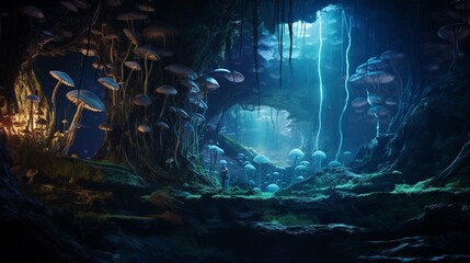 Underground cave with bioluminescent fungi casting an otherworldly glow