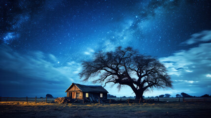 Starry Night Sky Over Rustic Countryside Cabin