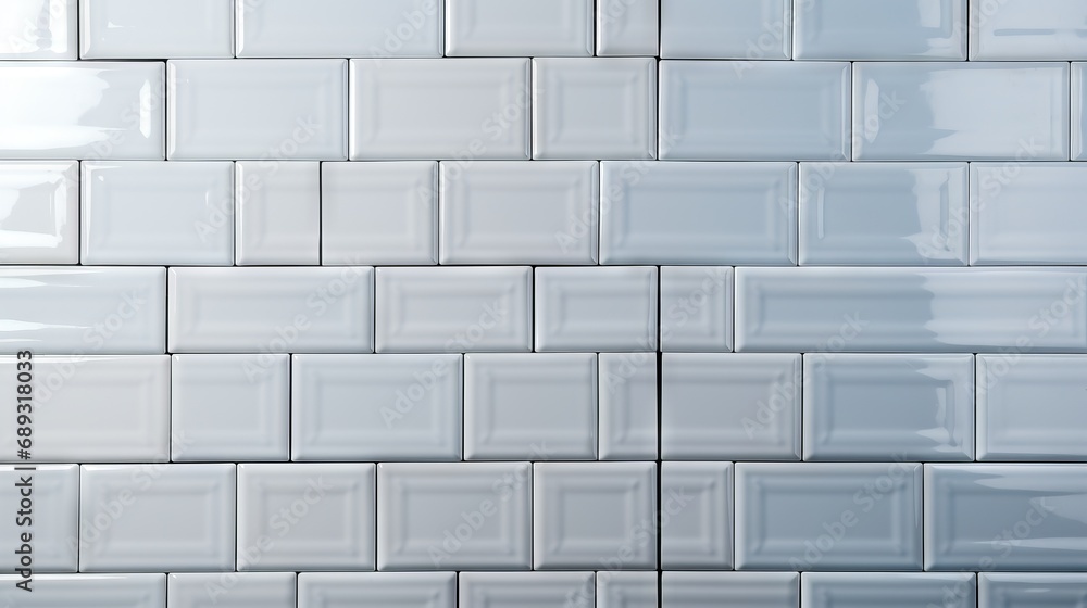 Poster background of a light wall made of rectangular white subway tiles with a glossy finish. banner with 