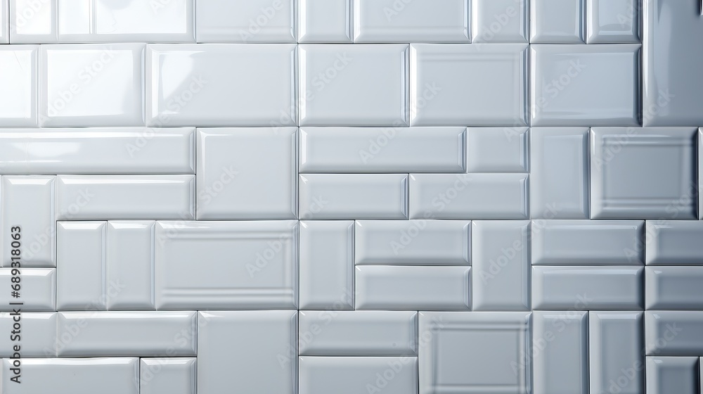 Poster background of a light wall made of rectangular white subway tiles with a glossy finish. banner with 