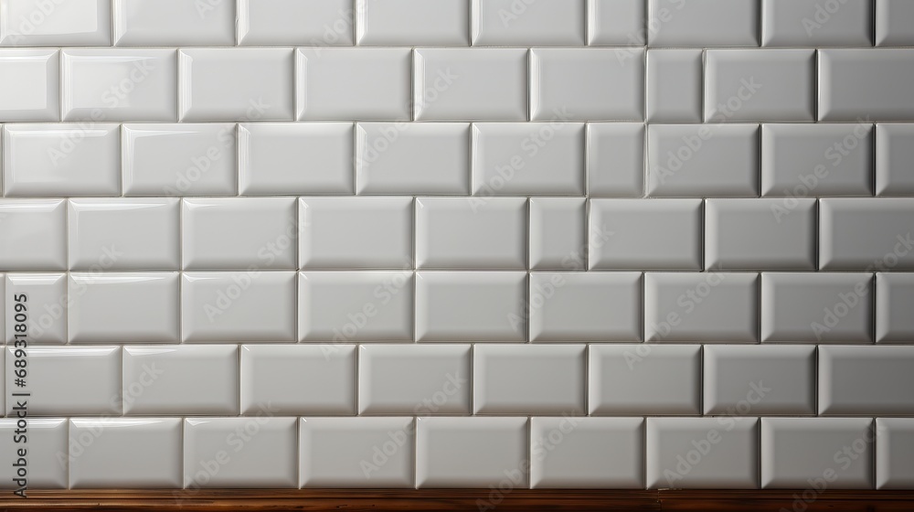 Poster background of a light wall made of rectangular white subway tiles with a glossy finish. banner with 