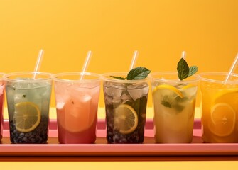 cold refreshing drinks in various colors aligned on a tray.  Generative AI