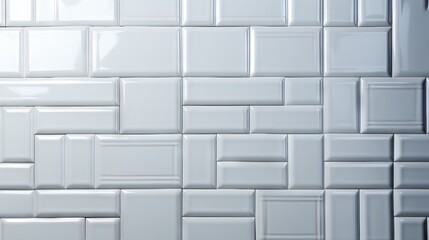 background of a light wall made of rectangular white subway tiles with a glossy finish. Banner with copy space