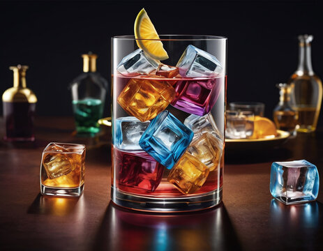 In this vivid image, a crystal clear glass is decorated with rich shades of alcoholic drink, elegantly poured and surrounded by sparkling ice cubes.