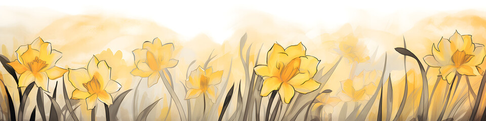 ink and water sketch of daffodil flowers background banner
