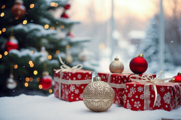Christmas background with red gift boxes and christmas tree in the snow