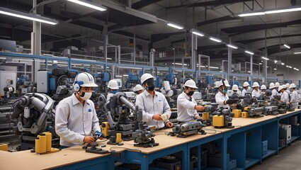 A group of factory workers standing around a long table. They are all wearing hard hats and safety masks.