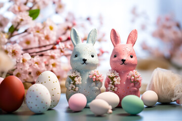 Naklejka na ściany i meble Easter bunny and easter eggs on rustic background with flowers