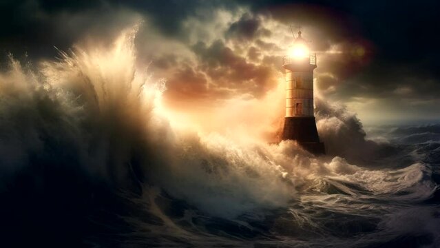 Animated waves surrounding a lighthouse. One minute loop animation. 2k
