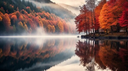 Vivid autumn foliage reflecting in a tranquil mountain lake