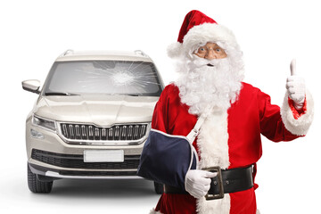 Santa claus with a car crash injury gesturing thumbs up