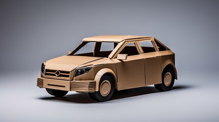 Carboard car model, on grey plain background.