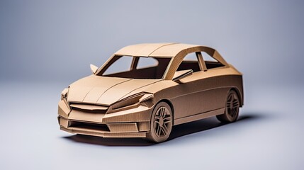 Carboard car model, on grey plain background.