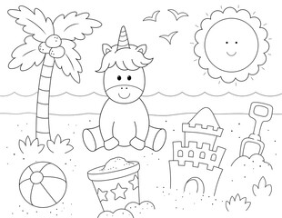 cartoon unicorn playing on the beach. coloring page for kids. you can print it on standard 8.5x11 inch paper