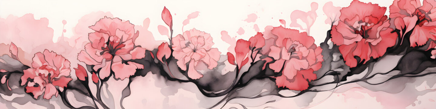 ink and water sketch of carnation flowers background banner