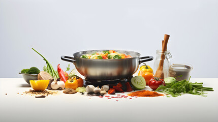 Cooking healthy food in a steel pan. Cooking in bulk. Banner