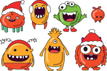 Cartoon happy monsters set. Merry Christmas party invitation card or poster. New year's holiday design. Vector illustration.