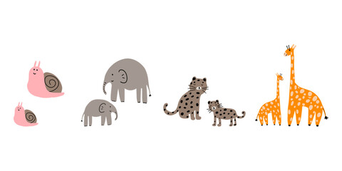 Snail, Elephant, leopard, giraffe animals. Brightly colored childish print. Cute animal for Mother's Day. Colorful kids vector illustration