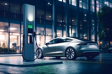 Charging station for hybrid electric car. The concept of environmentally friendly alternative energy.