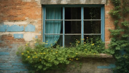 Fototapeta na wymiar Antique window. thickets and moss