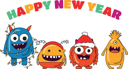 Cartoon funny monster standing in Santa Claus Hat. Christmas or New Year illustration