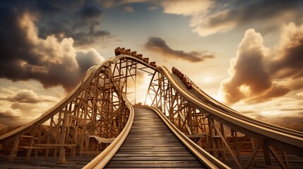 An old-fashioned, wooden roller coaster captured in motion against a dramatic sky, its tracks...