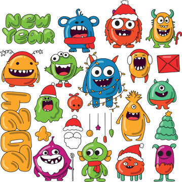 big New Year's set. colorful funny monsters in New Year's costumes. Set of images of amusing multi-colored unknown animals