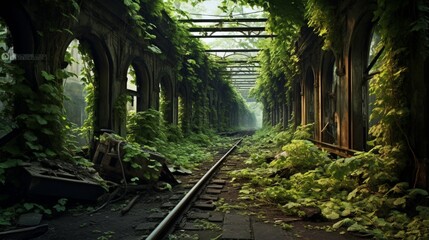 An old, abandoned train station platform, overgrown with wild ivy. The rusted tracks disappear into the distance under a sky tinged with nostalgia. - obrazy, fototapety, plakaty