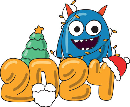 New Year's card in a cartoon style with cute monsters and a garland. Cute New Year 2024 card. Can be used for printing on T-shirts, stickers, greeting cards. Vector illustration