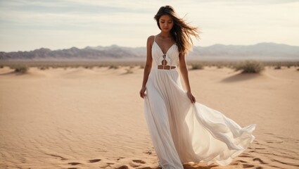 Fototapeta na wymiar Beautiful girl in a white dress in the desert