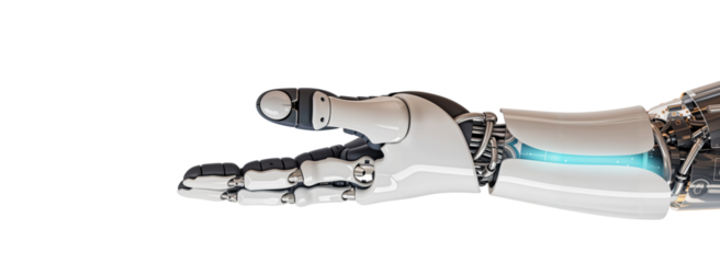 Robot arm and hand png, cyborg holding with open palm isolated on transparent or white background hd