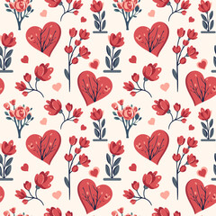 Love bouquets seamless vector background. Valentine's Day pattern. Heart shapes and romantic flowers.